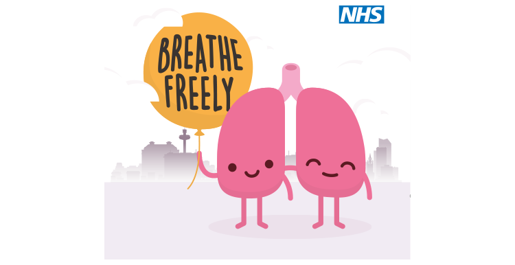 Cartoon lungs 'smiling' and holding a balloon that says, 'Breathe freely.'
