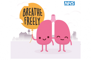 Cartoon lungs 'smiling' and holding a balloon that says, 'Breathe freely.'